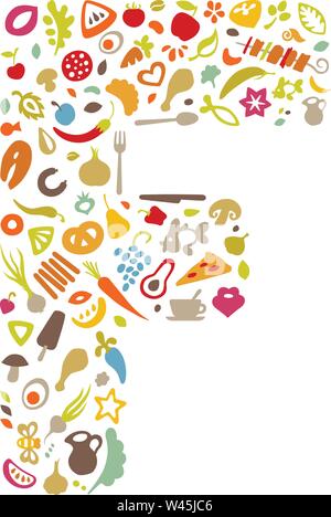 Logo der Briefe von Gemüse und Obst. Ökologische natürliche Nahrung. Vektorbild von ökologischen Lebensmitteln. Silhouette Buchstaben F. Objekt isoliert auf weißem backgrou Stock Vektor