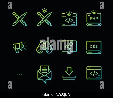 Satz von Vector Icons der verschiedenen Berufe. Symbole für Entwickler von mobilen Anwendungen. Symbole isoliert auf einem schwarzen Hintergrund. Information Technolog Stock Vektor