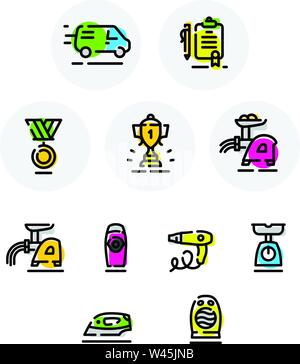 Satz von Vector Icons zu verschiedenen Themen. Symbole auf weißem Hintergrund. Cup. Haushaltsgeräte. Zertifikat. Lieferung. Runde, Farbe Stock Vektor