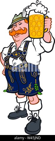 Ein deutscher Mann in einem nationalen Bayerische Tracht. Vector Illustration in einem flachen Stil. Das Bild ist auf weißem Hintergrund. Unternehmen Zeichen. Maskottchen fo Stock Vektor