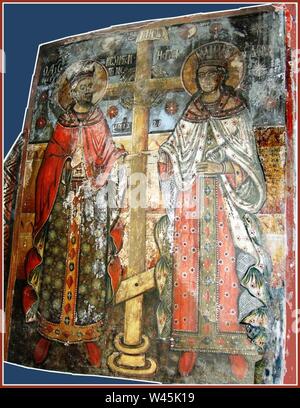 Constantine und Helen Fresko in Saint Demetrius Kirche in Avgi Breshteni. Stockfoto
