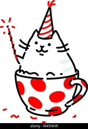 Cartoon Funny Cat, in eine Tasse. Vektor flachbild Abbildung. Der Charakter ist auf einem weißen Hintergrund. Logo für ein Kaffeehaus, Restaurant. Cat's lif Stock Vektor