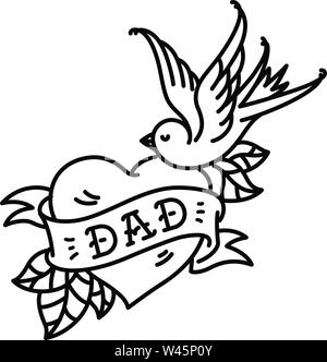 Ein Tattoo mit der Aufschrift von Dad. Herz Tattoo mit einem Birdie. Tattoo im Stil der amerikanischen Old School. Vektor Flachbild tattoo. Die Abbildung Stock Vektor