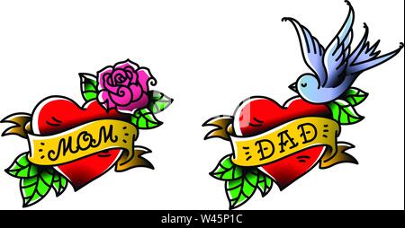 Tattoos mit der Inschrift von Mama und Papa. Zwei Herzen mit einer Blume und einen Vogel. Vektor Flachbild tattoo. Gratulation für Eltern mit ein Jubiläum. Stock Vektor
