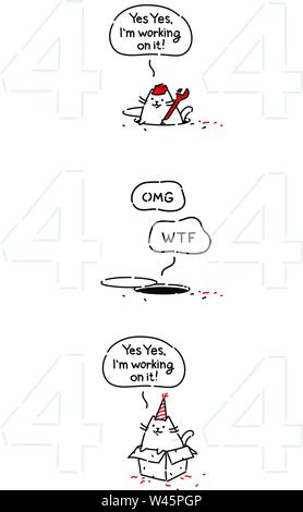 Cartoon lustige Katze auf Seite 404. Vektor flachbild Abbildung. Der Charakter ist auf einem weißen Hintergrund. Cat's Charakter für die Seite Fehler 404. Funn Stock Vektor