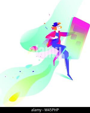 Abbildung: Ein junger Mann in sozialen Netzwerken auf einer abstrakten Hintergrund. Internet Business. Mann und Handy. Vector Illustration in einem flachen Stil Stock Vektor