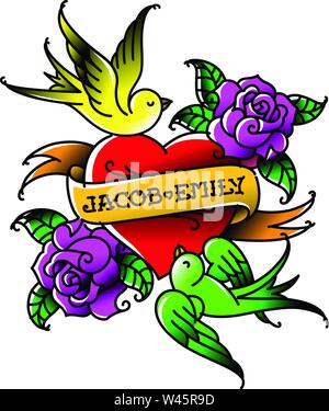 Ein Tattoo mit einem Herzen und Blumen und Vögel. Tattoo im Stil der amerikanischen Old School. Vektor Flachbild tattoo. Die Abbildung ist auf weißem isoliert Stock Vektor