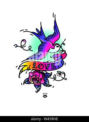 Tattoo Schwalben mit Aufschrift Liebe und eine rose bud von unten. Vector Illustration. Tattoo von einem amerikanischen Old School. Vogel swift mit Schleife und Stock Vektor