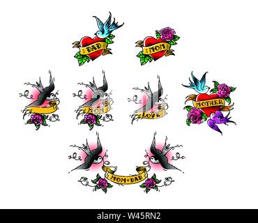 Tattoo Schwalben mit der Inschrift von Mama, Papa, auf Band. Vector Illustration. Tattoo, amerikanischen Old School. Zwei Vögel Schwalben, Rosen und congratulatio Stock Vektor