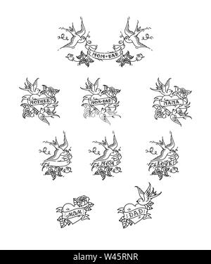 Tattoo Schwalben mit der Inschrift von Mama, Papa, auf Band. Vector Illustration. Tattoo, amerikanischen Old School. Zwei Vögel Schwalben, Rosen und congratulatio Stock Vektor