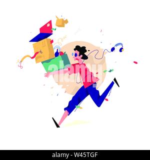 Darstellung der System Administrator. Vector Illustration. Eine laufende Hacker. Eine Comicfigur mit Dingen und Boxen. Das Bild ist auf dem weißen isoliert Stock Vektor