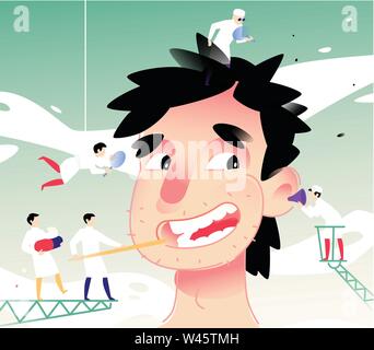 Abbildung: ein fröhlicher Mann an der Rezeption einer Arztpraxis. Vector Illustration. Ein junger Mann erfährt der medizinischen Prophylaxe und Tests. Flache Darstellung fo Stock Vektor
