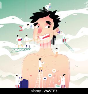Abbildung: ein fröhlicher Mann an der Rezeption einer Arztpraxis. Vector Illustration. Ein junger Mann erfährt der medizinischen Prophylaxe und Tests. Flache Darstellung fo Stock Vektor