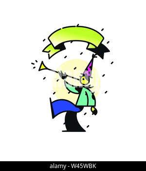 Logo mit dem Charakter, den Clown spielt auf der Leitung. Vector Illustration. Das Bild ist auf weißem Hintergrund. Logo für den Zirkus, Karneval. Theat Stock Vektor