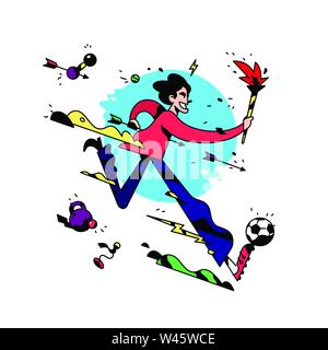 Eine Comicfigur läuft mit einer Fackel. Vector Illustration. Die office Mitarbeiter ausgeführt wird. Sport Spiele. Abbildung für eine Website oder Drucken. Ein Stock Vektor