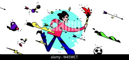 Eine Comicfigur läuft mit einer Fackel. Vector Illustration. Die office Mitarbeiter ausgeführt wird. Sport Spiele. Abbildung für eine Website, Banner oder p Stock Vektor