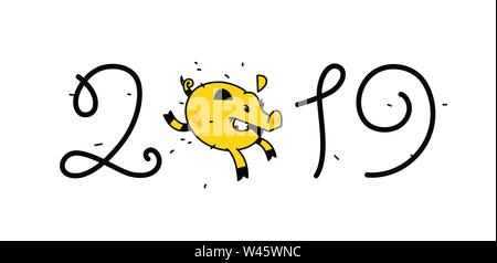 Abbildung: das Jahr des Schweins 2019. Vector Illustration. Das Bild ist auf weißem Hintergrund. Eine laufende Schwein mit Zahlen. Neues Jahr in das Kinn Stock Vektor