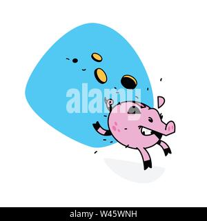 Abbildung: Sparschwein. Vector Illustration. Das Bild ist auf weißem Hintergrund. Laufende Schwein mit Münzen. Auf der Suche nach Profit. Einfach Geld. Spen Stock Vektor
