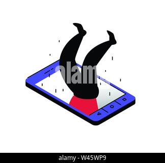Abbildung: ein Mann in einem Smartphone gefallen. Vector Illustration. Beine hoch. Das Bild ist auf weißem Hintergrund. Die Abhängigkeit von der Telefon- und der I Stock Vektor