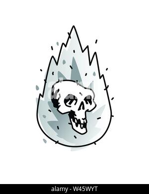 Abbildung eines brennenden weißen Schädel. Vektor icon. Das Bild ist auf weißem Hintergrund. Brennender Schädel, Comic Stil. Ein Tattoo, ein Logo für ein Biker cl Stock Vektor