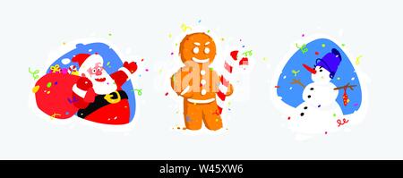 Abbildungen der Zeichen für das Neue Jahr. Vektor. Santa Claus, Schneemann, Lebkuchen. Zeichen Aufkleber für Banner, Website und Drucken. Bilder sind ist Stock Vektor