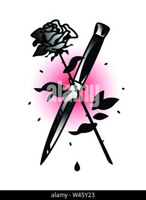 Ein Tattoo mit einem Messer und einer Rose. Vector Illustration. Tattoo im Stil der alten amerikanischen Schule. Das Bild ist auf weißem Hintergrund. Fas Stock Vektor