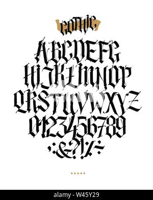 Vollständige Alphabet im gotischen Stil. Vektor. Buchstaben und Symbole auf einem weißen Hintergrund. Kalligraphie und Schrift. Mittelalterliche lateinische Buchstaben. Einzelnen le Stock Vektor