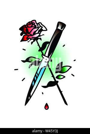 Ein Tattoo mit einem Messer und einer Rose. Vector Illustration. Tattoo im Stil der alten amerikanischen Schule. Das Bild ist auf weißem Hintergrund. Fas Stock Vektor