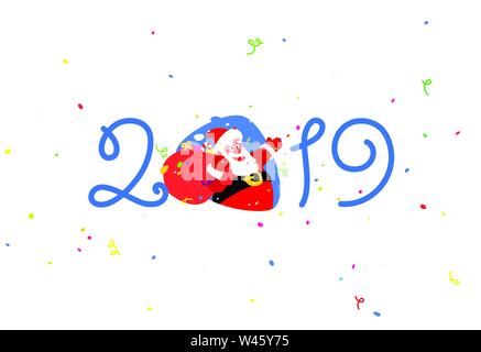 Weihnachten Abbildung. Vektor. Santa Claus und Inschrift 2019. Cartoon Sankt Nikolaus mit einem Sack voll Geschenke. Frohes Neues Jahr und Weihnachten. Maskottchen. Il Stock Vektor