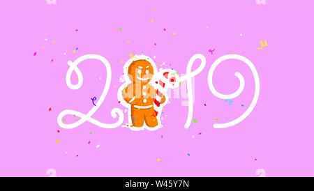 Weihnachten Abbildung. Vektor. Lebkuchen und Inschrift 2019. Cartoon Charakter mit einem Caramel stick. Frohes Neues Jahr und Weihnachten. Maskottchen. Illust Stock Vektor