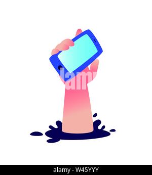 Abbildung: eine Hand mit einem Smartphone, das aus einer Bohrung. Vektor. Scheitern. Gadgets wie eine Droge. Bild ist auf einem weißen Hintergrund. Unternehmen" Stock Vektor
