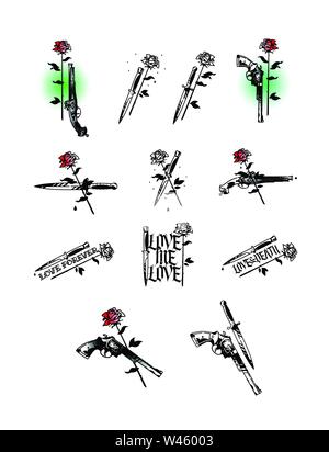 Satz von Tattoo Illustrationen, Pistolen, Messer und Rosen. Vektor. Kalt und Schusswaffen. Hipster Tattoos. Der Stil der alten amerikanischen Schule. Gotische inscr Stock Vektor