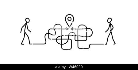 Abbildung eines Menschen auf dem Weg durch ein Labyrinth zu einem Treffpunkt. Vektor. Das Labyrinth ist wie ein Gehirn. Metapher. Lineare Stil. Illustration für Website oder Stock Vektor