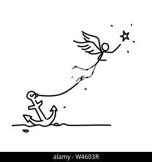 Abbildung: eine verkettete Engel hinter einem Stern fliegen. Vektor. Ein Mann mit Flügeln angekettet an einen Anker. Abbildung für Animation, Banner oder Standort. Simpl Stock Vektor