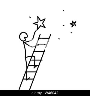 Abbildung: ein Mann ein Star. Vektor. Träume werden wahr. Metapher. Lineare Stil. Illustration für Website und Präsentation. Werden Sie ein Stern. Stock Vektor