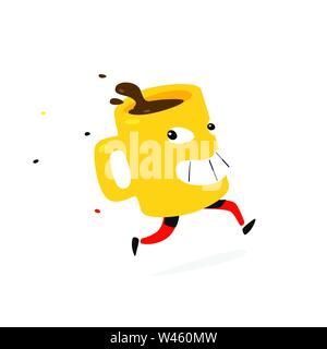 Abbildung eines laufenden gelb Tasse Kaffee oder Tee. Vektor. Cartoon Flat Style. Charakter Tasse heißes Getränk. Heiße Schokolade. Maskottchen für ein Compa Stock Vektor