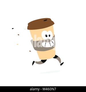 Symbol läuft Charakter Brille. Vektor. Logo für Coffee Shops und Fast Food. Lustige Abbildung der Pappe Cup. Cartoon Abzeichen, Emblem für den Comp Stock Vektor