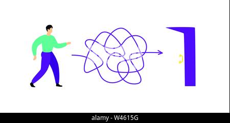 Abbildung: Ein Mann geht durch ein Labyrinth zum Ausgang. Vektor. Das Labyrinth ist wie ein Gehirn. Metapher. Flat Style. Abbildung für eine Website Stock Vektor