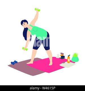 Eine schwangere Frau Gymnastik. Vektor. Flache Cartoon Stil. Sport Unterricht zu Hause. Die werdende Mutter übt Yoga. Gesunde Lebensweise. Online spor Stock Vektor