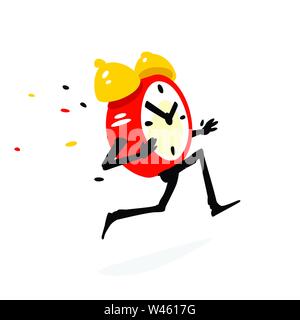 Zeichentrickfigur, Wecker. Vector Illustration. Die Zeit ist abgelaufen. Die Uhr läuft. Das Bild ist auf weißem Hintergrund. Flache Darstellung Stock Vektor