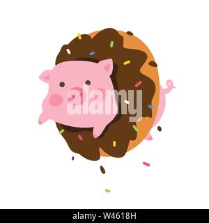 Abbildung: Eine Karikatur Schwein in einem Donut. Vektor. Flat Style. Nettes Schwein, das Maskottchen des Unternehmens. Schweinefleisch und Süßigkeiten. Zeichen für Verpackung und Produktion Stock Vektor