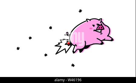 Abbildung: Flying Pig Cartoon. Vektor. Flat Style. Nettes Schwein, das Maskottchen des Unternehmens. Schweinefleisch Rakete. Zeichen für Verpackungen und Produkte. Schnell Stock Vektor