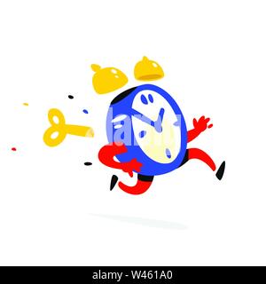 Zeichentrickfigur, Wecker. Vector Illustration. Die Zeit ist abgelaufen. Die Uhr läuft. Das Bild ist auf weißem Hintergrund. Flache Darstellung Stock Vektor