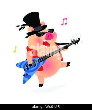 Abbildung: ein Schwein in einen Hut mit einer Gitarre. Vektor. Rock Interpret bekannter Songs in das Kostüm eines Schweins. Charakter Maskottchen für Music Club, Cafe, Stock Vektor