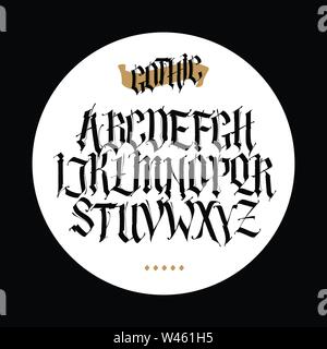 Gothic, englische Alphabet. Vektor einrichten. Schriftart für Tattoo, persönliche und gewerbliche Zwecke. Elemente werden auf einem schwarzen Hintergrund. Kalligraphie und Stock Vektor