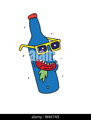 Eine Flasche Bier in gelbe Brille. Vektor. Flat Style. Fröhlichen Charakter für eine Party. Logo, Maskottchen Alkohol Shop. Abbildung: eine Flasche Wein, f Stock Vektor