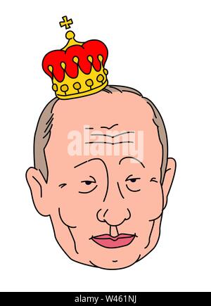 Russland, Moskau - Januar 28, 2019: Karikatur des Präsidenten der Russischen Föderation. Wladimir Putin in der Kaiserlichen Krone. Abbildung einer dict Stock Vektor