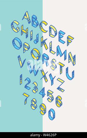 Volume font, Band. Vektor. Lineare, dünn, Kontur Buchstaben. Lateinische Schrift. Isometrie alle Buchstaben sind getrennt. Komplette Alphabet mit Zahlen. Pop Art Stil Stock Vektor