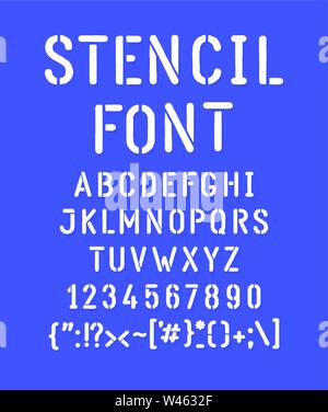 Weiß stenciled Font. Vektor. Die Briefe sind alle separat. Ein Satz von Buchstaben, Englisches Alphabet. Lateinische Zeichen. Hipster militärische Briefe. Stock Vektor