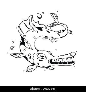 Abbildung: Eine Karikatur Fisch. Vektor. Lineare Zeichnung für ein Tattoo. Corporate Maskottchen für das Unternehmen. Abbildung: für t-shirt. Eine schreckliche Monster fi Stock Vektor